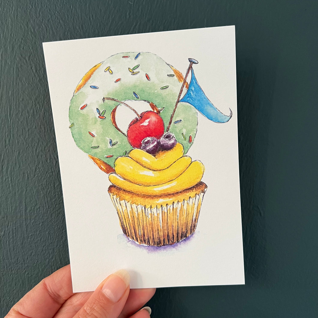Feestkaart cupcake met donut groen